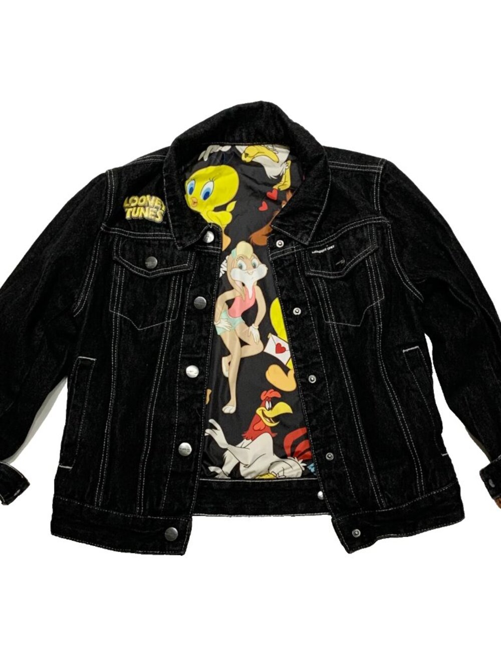 Members Only Looney Tunes Reversible Denim Jacket Women's M Black Y2K